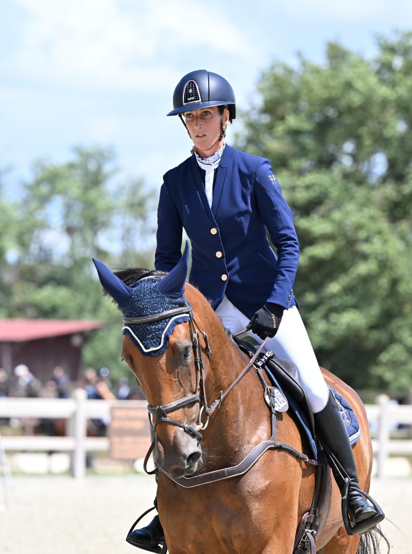 Kelly van Delft en veste de concours bleu marine sur son cheval bai, en piste de saut d'obstacles