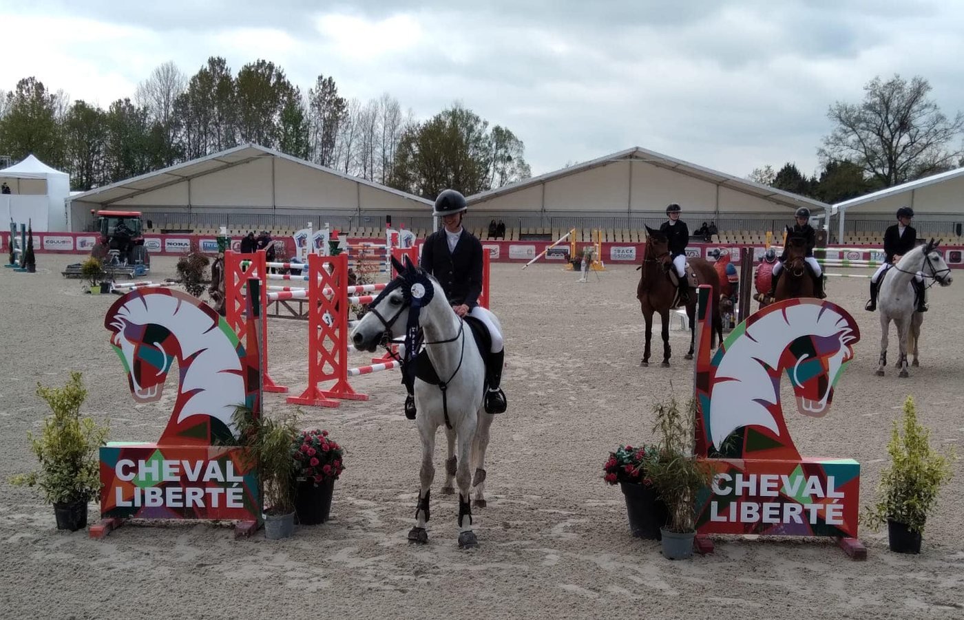 Cavalier sur un cheval gris pendant la remise des prix d'un CSI